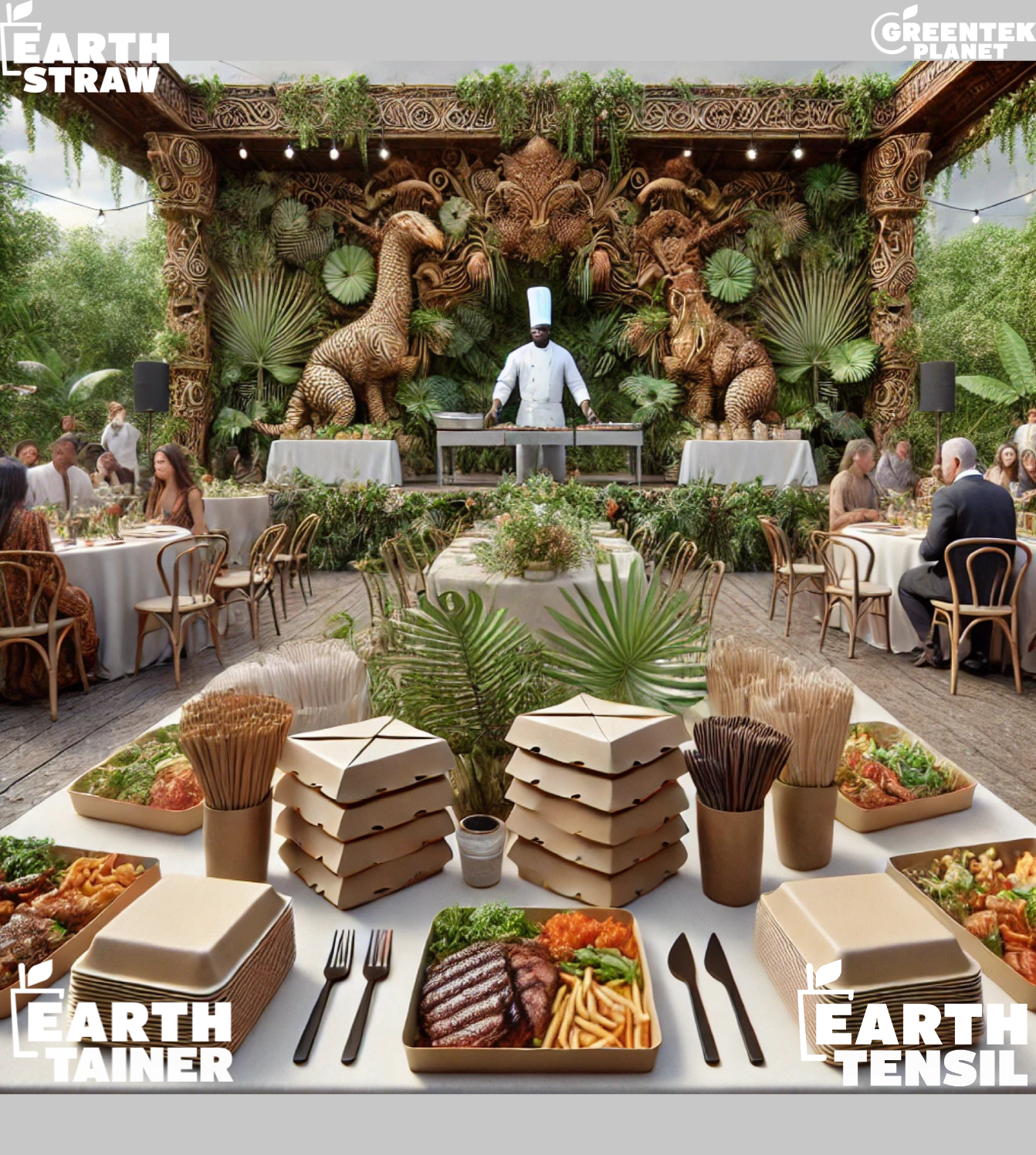 Outdoor catering event with jungle-like, plant-based decor featuring a multicultural group of well-dressed people enjoying meals. The head chef, with a satisfied smile and light brown eyes, oversees plates of steak and chicken. The table displays dark brown utensils, drinking straws, and sustainable packaging, including 6-inch square clamshell boxes, fiber cups, and bowls with lids. The setting highlights refinement, culture, and environmental sustainability.