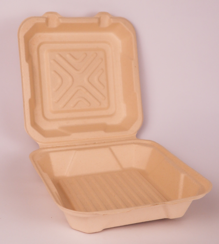 Compostable 8" square clamshell box with a single compartment, made from upcycled hemp fiber for sustainable packaging.