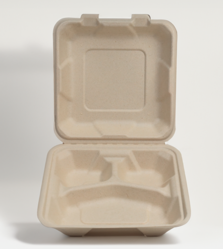 Plant-based compostable 8" square clamshell box with 3 compartments, made from upcycled hemp fiber.