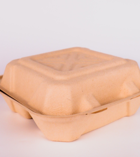 Compostable 8" square clamshell box with a single compartment, made from upcycled hemp fiber for sustainable packaging.