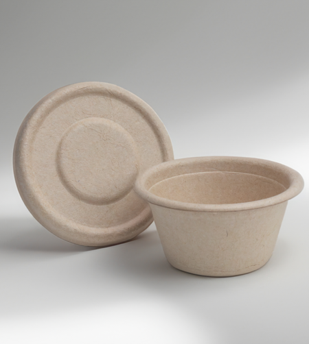 Compostable 2 oz sauce cup with a secure lid, made from upcycled hemp fiber for eco-friendly food service.