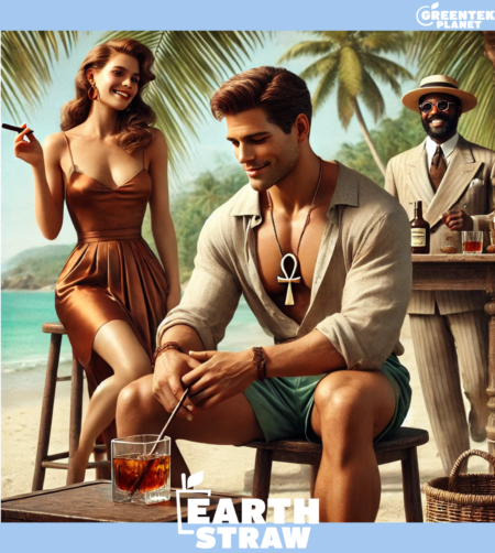 Island Resort Scene featuring an a beautiful woman and man enjoying a drink at the beachfront bar with their Hemp straws